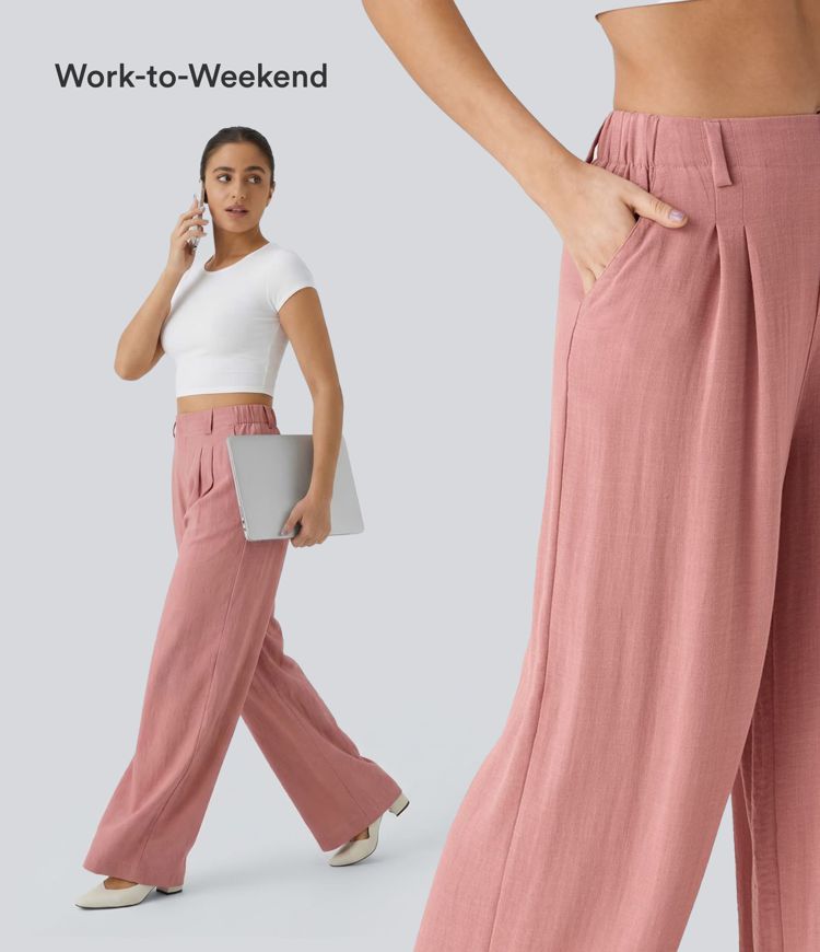 High Waisted Pocket Wide Leg Flowy Solid Palazzo Women Smart Casual Linen-Feel Pants High Waisted Pocket Wide Leg Flowy Solid Palazzo Women Smart Casual Linen-Feel Pants
