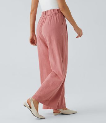 High Waisted Pocket Wide Leg Flowy Solid Palazzo Women Smart Casual Linen-Feel Pants High Waisted Pocket Wide Leg Flowy Solid Palazzo Women Smart Casual Linen-Feel Pants