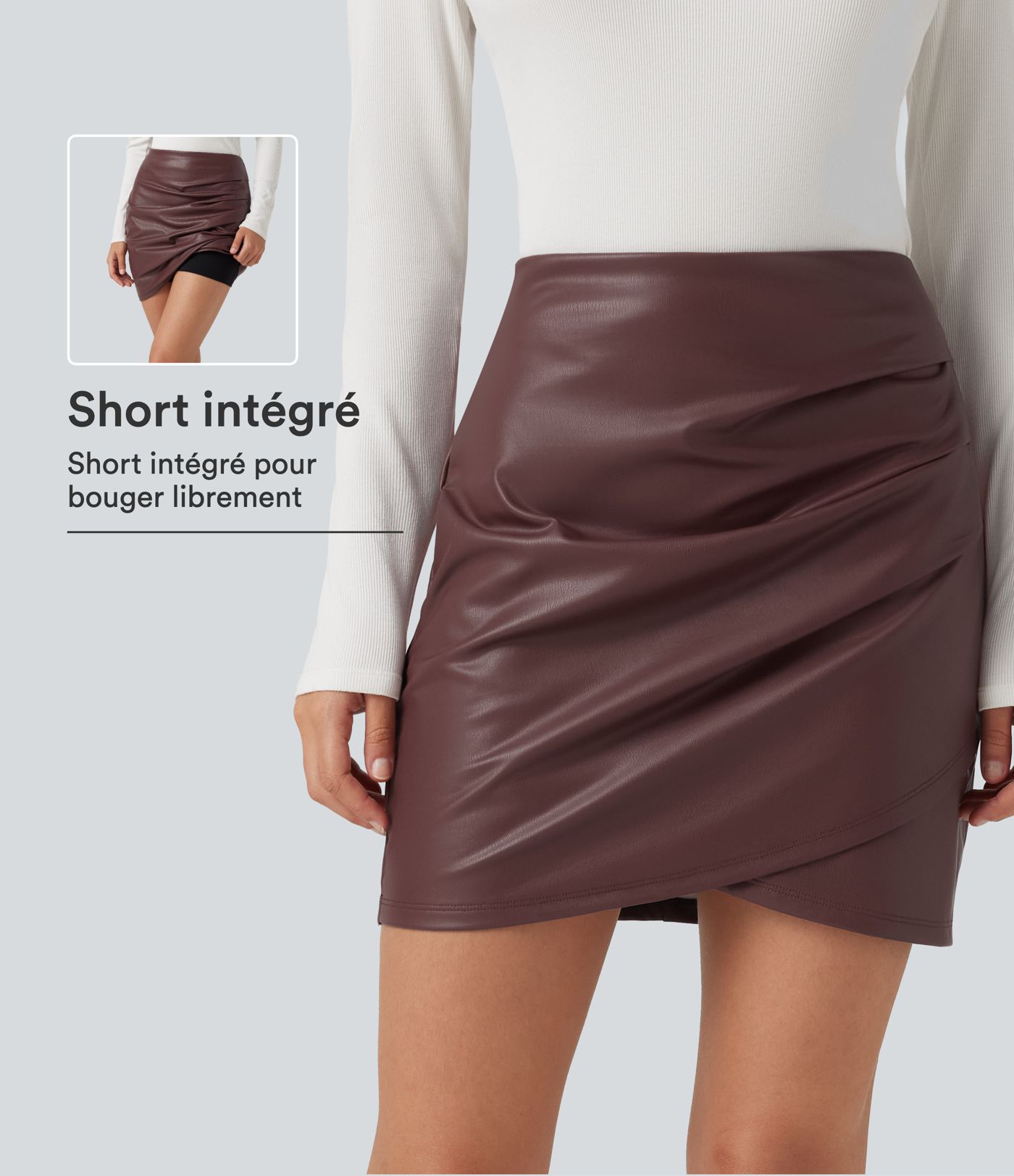Jupe-short mini moulante taille haute en simili doublé polaire avec fronces et ourlet croisé Jupe-short mini moulante taille haute en simili doublé polaire avec fronces et ourlet croisé