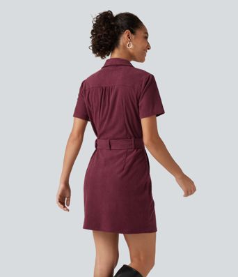 Short Sleeve Belted Corduroy Mini Casual Dress with Pockets