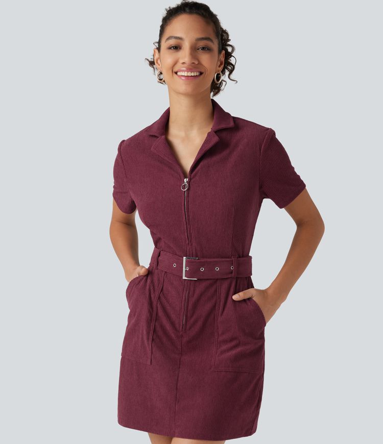 Short Sleeve Belted Corduroy Mini Casual Dress with Pockets