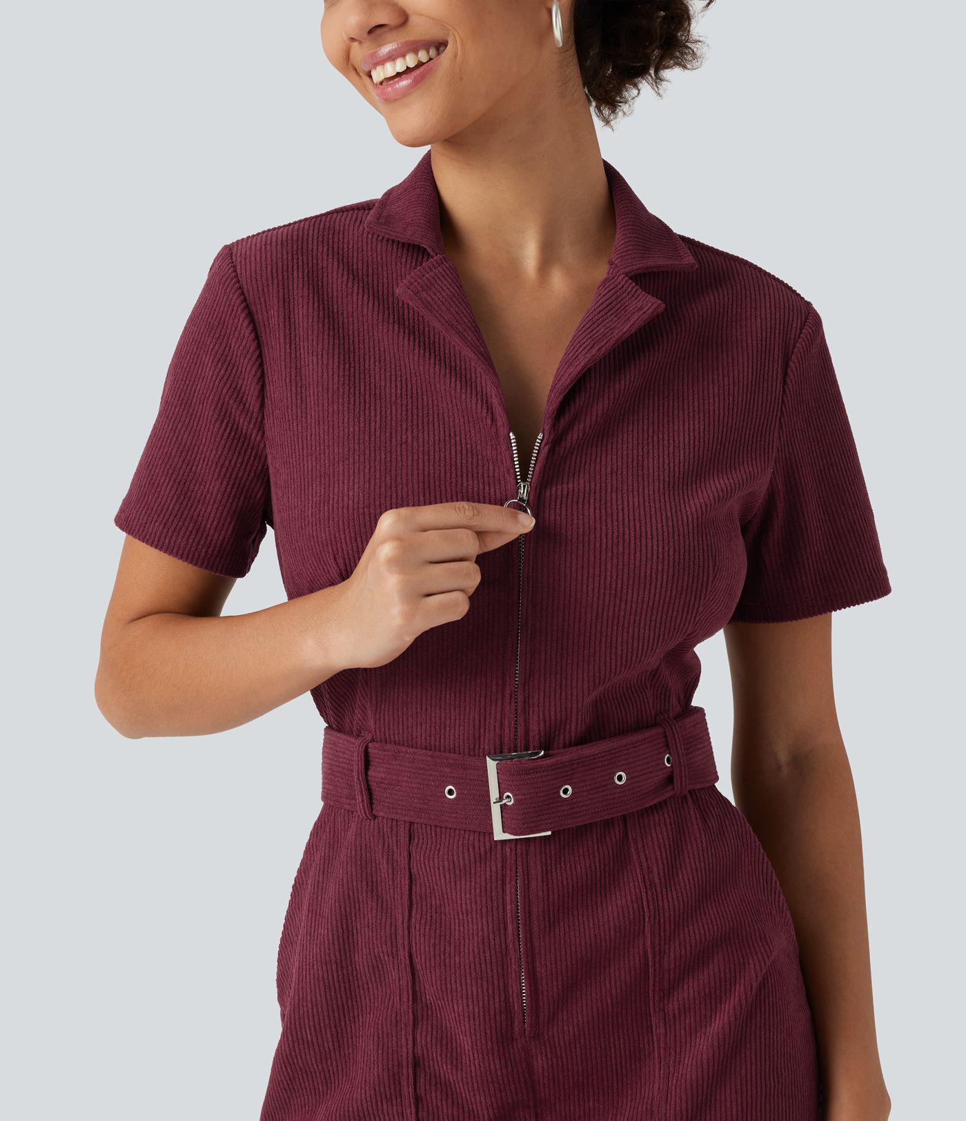 Short Sleeve Belted Corduroy Mini Casual Dress with Pockets