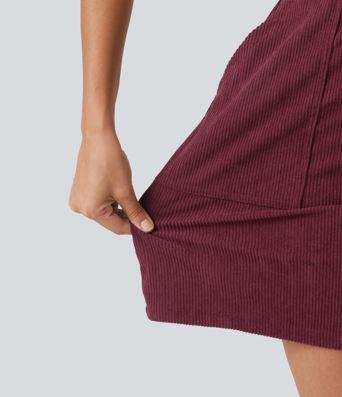 Short Sleeve Belted Corduroy Mini Casual Dress with Pockets