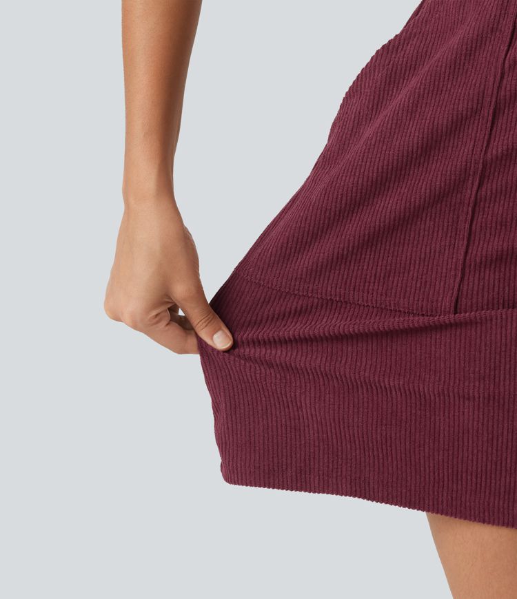 Short Sleeve Belted Corduroy Mini Casual Dress with Pockets
