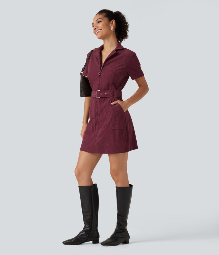 Short Sleeve Belted Corduroy Mini Casual Dress with Pockets