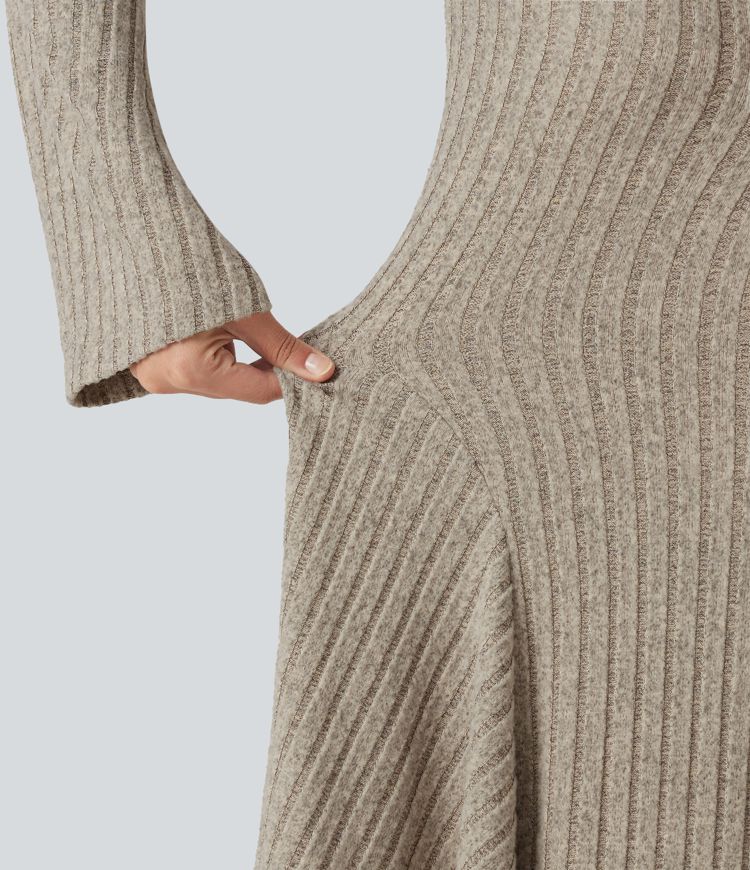Robe mini évasée en maille côtelée à encolure carrée, manches longues à volants et nœud décoratif