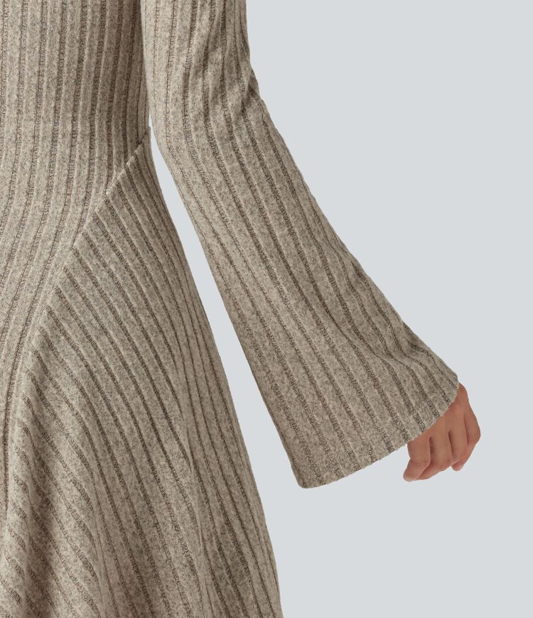 Robe mini évasée en maille côtelée à encolure carrée, manches longues à volants et nœud décoratif