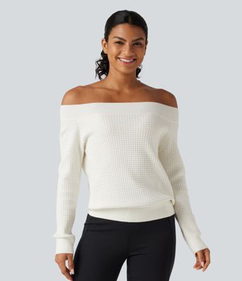 Off Shoulder Long Sleeve Casual Wool-Blend Sweater