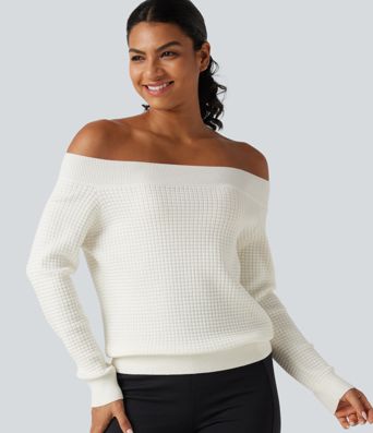 Off Shoulder Long Sleeve Casual Wool-Blend Sweater