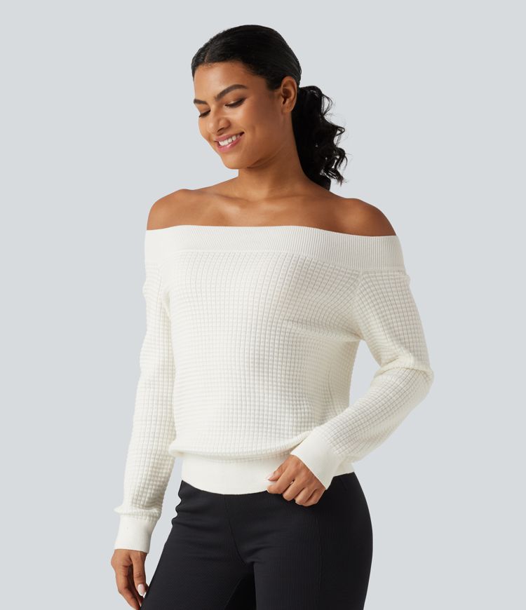 Off Shoulder Long Sleeve Casual Wool-Blend Sweater