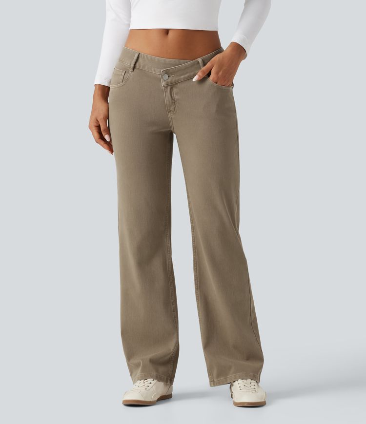 Jean droit Halara Flex™ taille basse asymétrique coloré avec poches