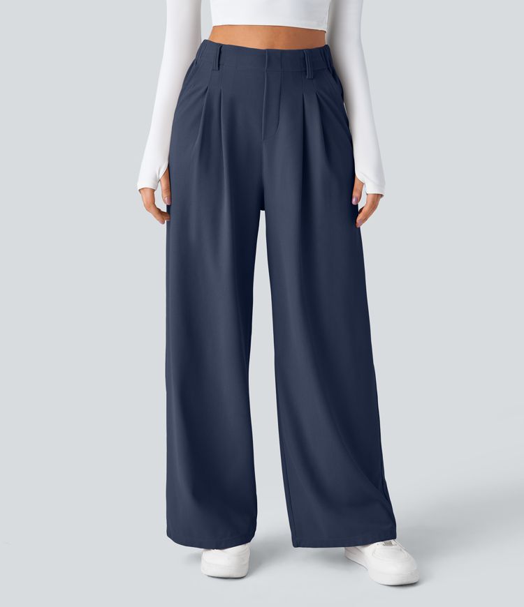 Halara Flex™ dehnbare Stoffhose mit hohem Bund, Waffelmuster, Seitentaschen und weitem Bein Halara Flex™ dehnbare Stoffhose mit hohem Bund, Waffelmuster, Seitentaschen und weitem Bein