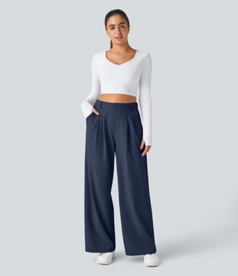 Halara Flex™ dehnbare Stoffhose mit hohem Bund, Waffelmuster, Seitentaschen und weitem Bein Halara Flex™ dehnbare Stoffhose mit hohem Bund, Waffelmuster, Seitentaschen und weitem Bein
