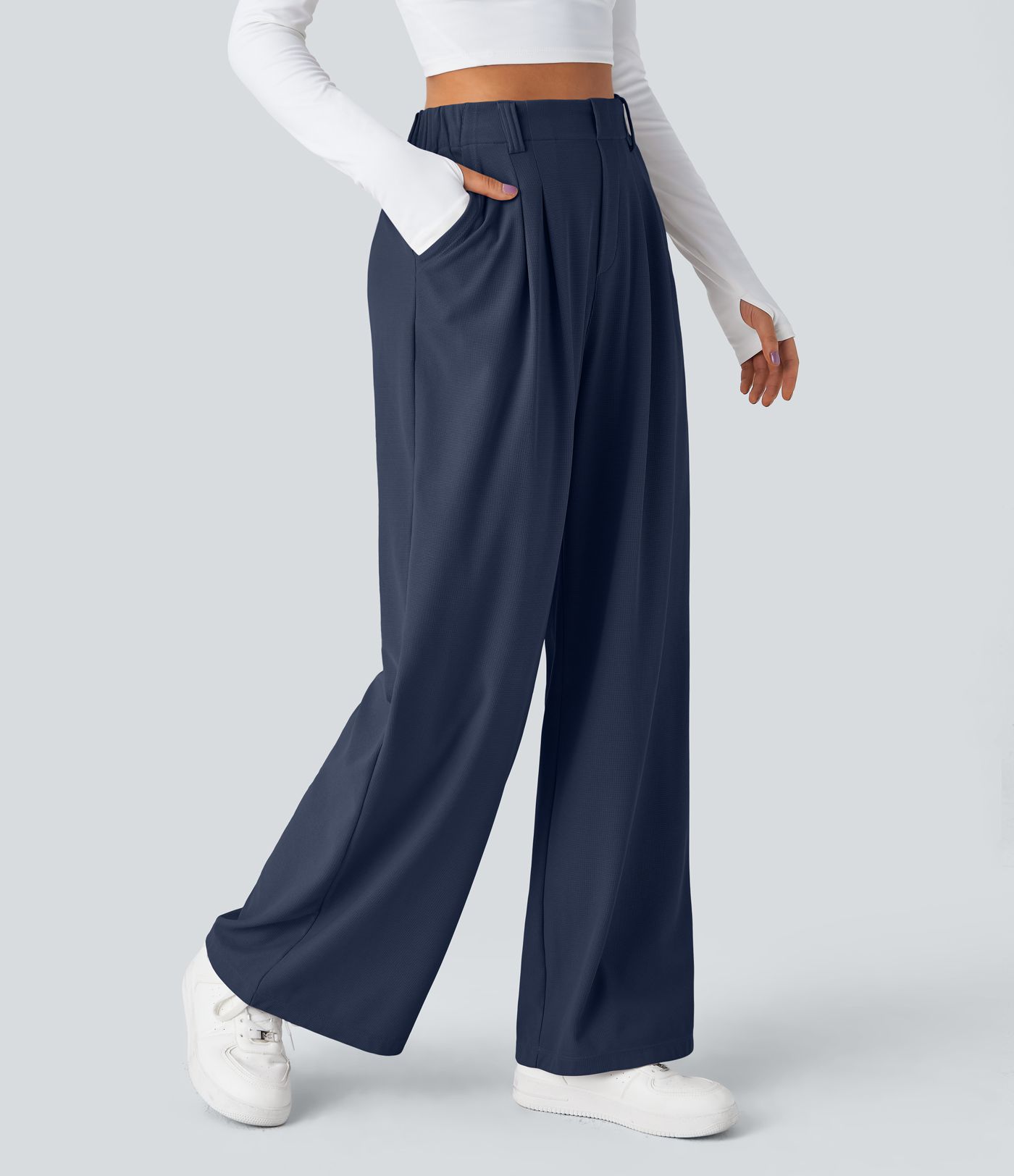 Halara Flex™ dehnbare Stoffhose mit hohem Bund, Waffelmuster, Seitentaschen und weitem Bein Halara Flex™ dehnbare Stoffhose mit hohem Bund, Waffelmuster, Seitentaschen und weitem Bein