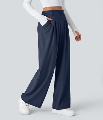 Halara Flex™ dehnbare Stoffhose mit hohem Bund, Waffelmuster, Seitentaschen und weitem Bein Halara Flex™ dehnbare Stoffhose mit hohem Bund, Waffelmuster, Seitentaschen und weitem Bein