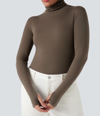 Top ajusté laine mélangée col montant manches longues avec trous pouces