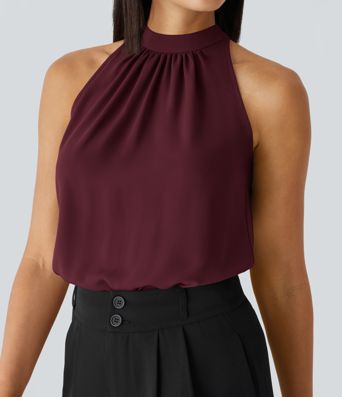 Blusen-Top mit Neckholder und Schlüssellochausschnitt, plissiert, ärmellos, abgerundeter Saum