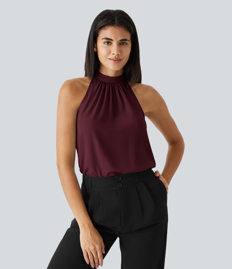 Blusen-Top mit Neckholder und Schlüssellochausschnitt, plissiert, ärmellos, abgerundeter Saum