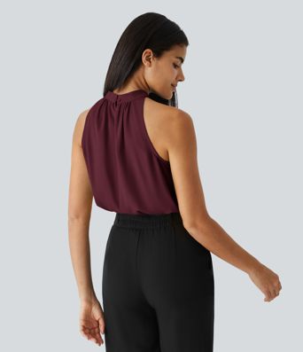 Blusen-Top mit Neckholder und Schlüssellochausschnitt, plissiert, ärmellos, abgerundeter Saum