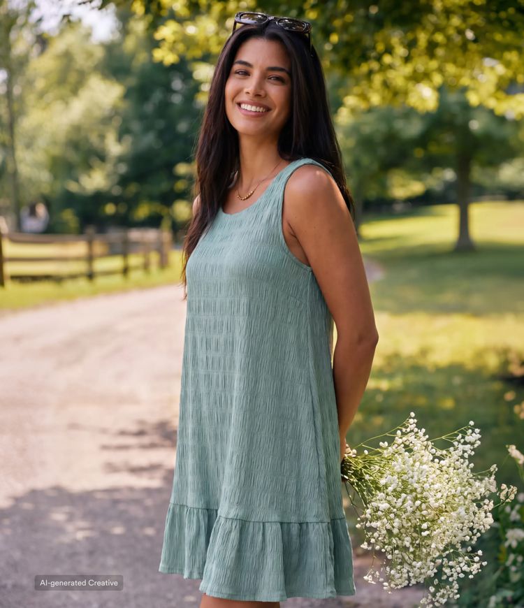 Robe courte décontractée sans manches à encolure ronde, avec soutien‑gorge intégré et ourlet à volants Robe courte décontractée sans manches à encolure ronde, avec soutien‑gorge intégré et ourlet à volants
