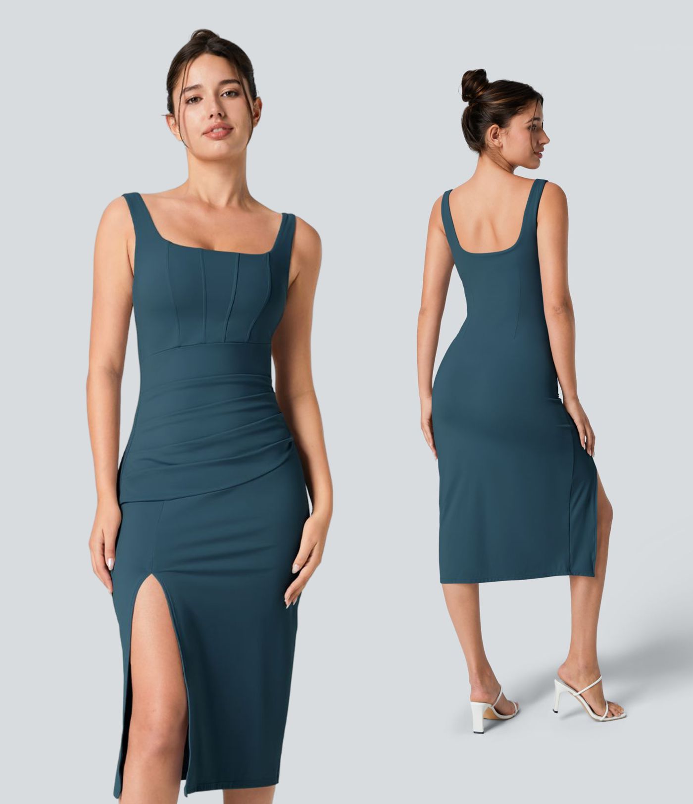 SoftlyZero™ Airy Square Neck Backless Corset Ruched Split Bodycon Midi InstantCool Bridesmaid and Wedding Guest Dress SoftlyZero™ Airy Square Neck Backless Corset Ruched Split Bodycon Midi InstantCool Bridesmaid and Wedding Guest Dress