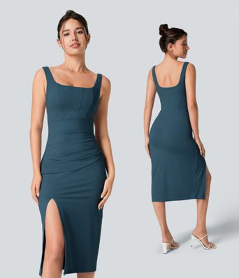 SoftlyZero™ Airy Square Neck Backless Corset Ruched Split Bodycon Midi InstantCool Bridesmaid and Wedding Guest Dress SoftlyZero™ Airy Square Neck Backless Corset Ruched Split Bodycon Midi InstantCool Bridesmaid and Wedding Guest Dress