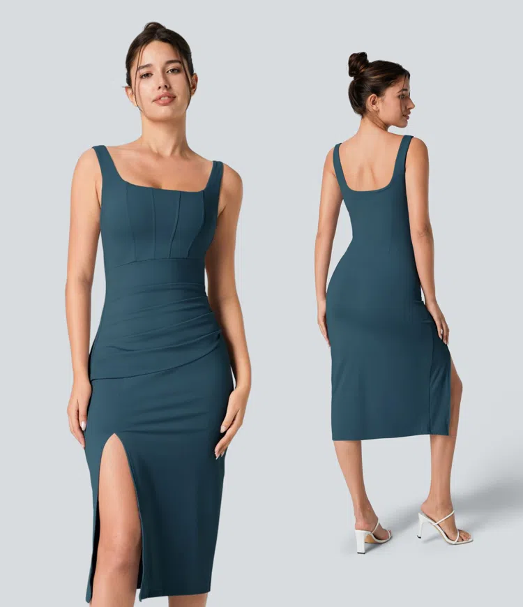 SoftlyZero™ Airy Square Neck Backless Corset Ruched Split Bodycon Midi InstantCool Bridesmaid and Wedding Guest Dress
