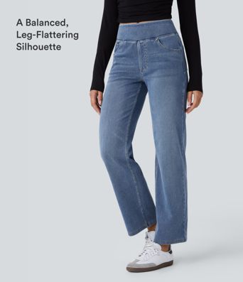 Halara Flex™ High Waisted Pockets Straight Leg Washed Women Casual Denim Jeans Halara Flex™ High Waisted Pockets Straight Leg Washed Women Casual Denim Jeans