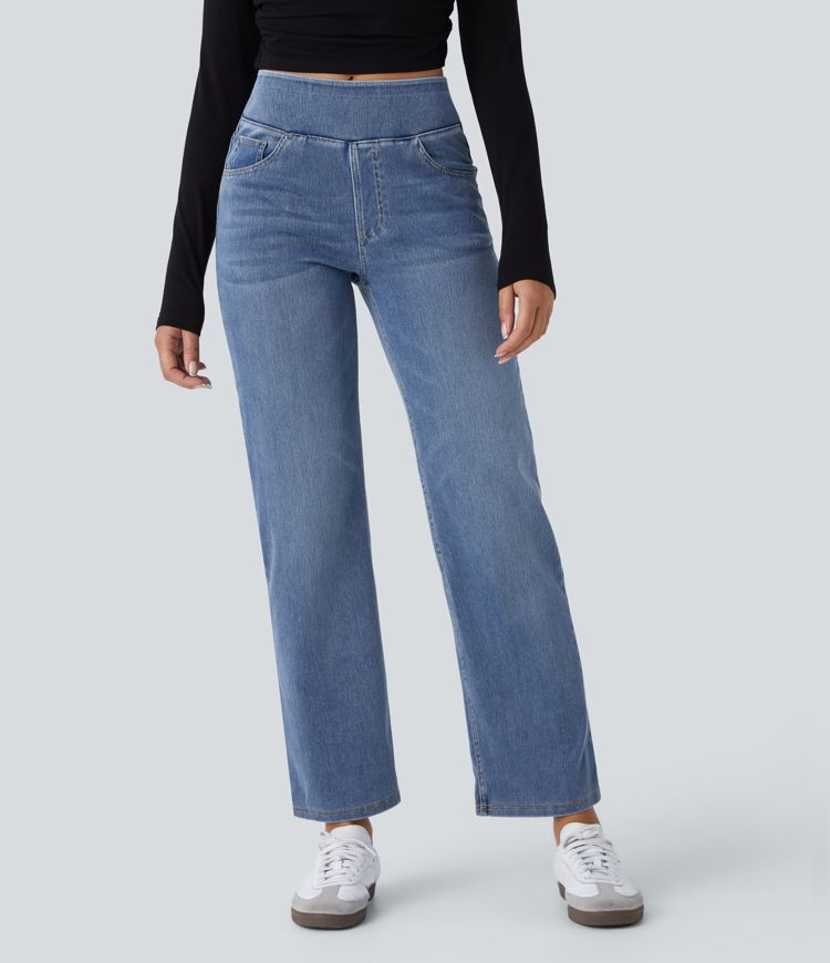 Halara Flex™ High Waisted Pockets Straight Leg Washed Women Casual Denim Jeans Halara Flex™ High Waisted Pockets Straight Leg Washed Women Casual Denim Jeans