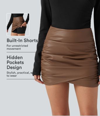 High Waisted Tummy Control Ruched Crossover Hem 2-in-1 Bodycon Fleece Mini PU Leather Skirt with Pockets High Waisted Tummy Control Ruched Crossover Hem 2-in-1 Bodycon Fleece Mini PU Leather Skirt with Pockets
