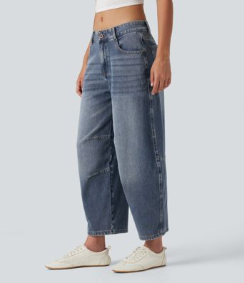 Halara Flex™ Low Rise Zipper Pockets Barrel Leg Casual Jeans