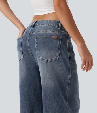 Halara Flex™ Low Rise Zipper Pockets Barrel Leg Casual Jeans