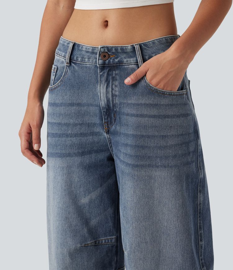 Halara Flex™ Low Rise Zipper Pockets Barrel Leg Casual Jeans