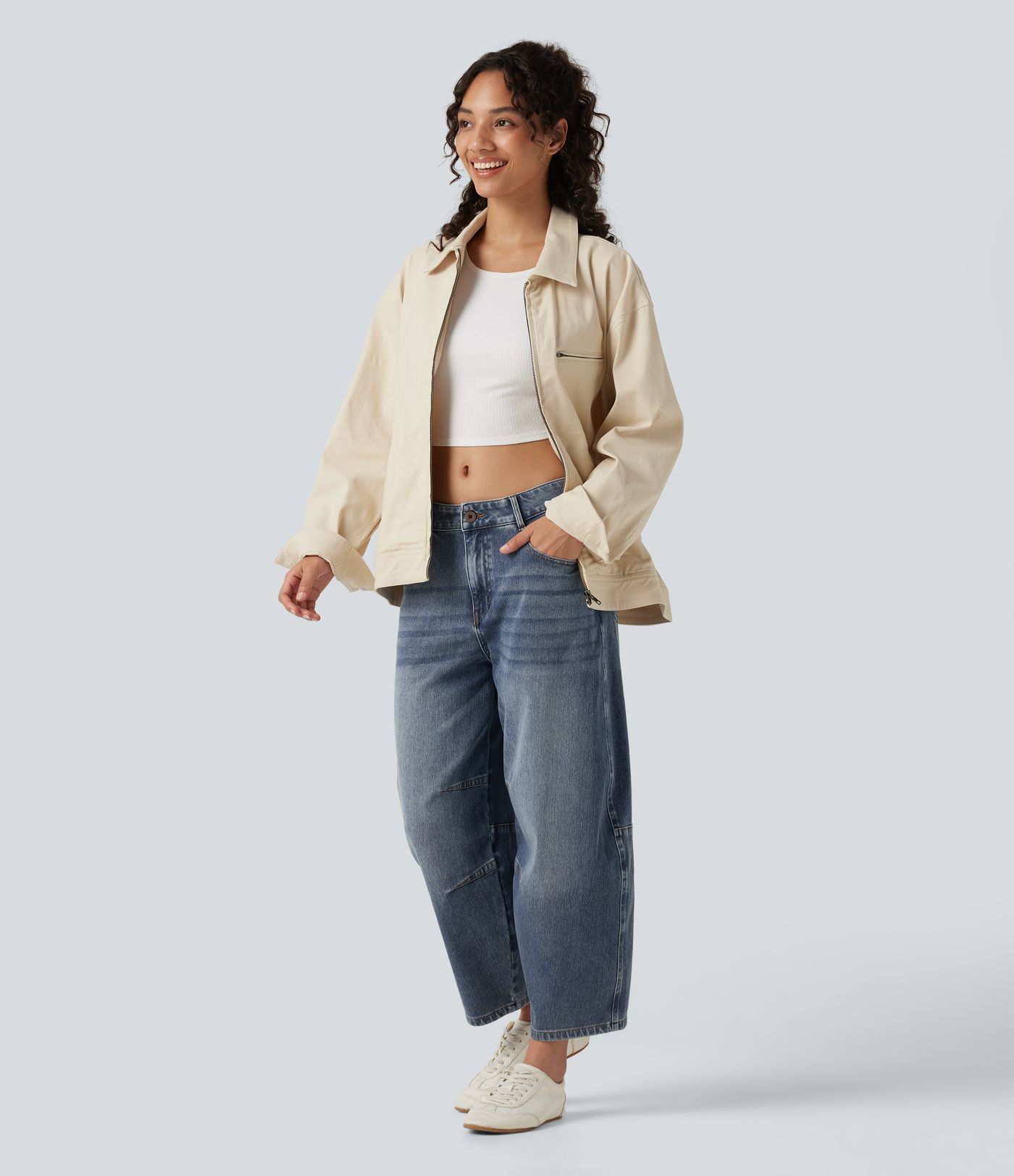 Halara Flex™ Low Rise Zipper Pockets Barrel Leg Casual Jeans