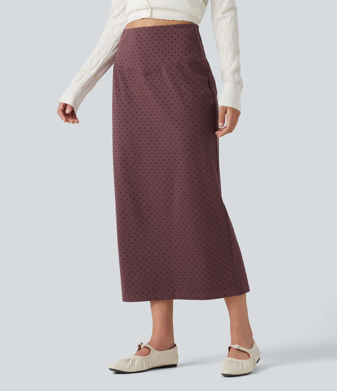 Jupe midi taille haute en velours à pois