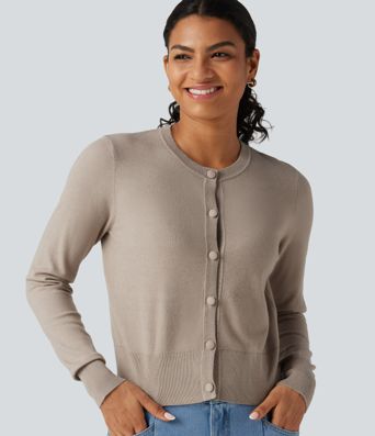 Round Neck Long Sleeve Button Fly Work Cardigan