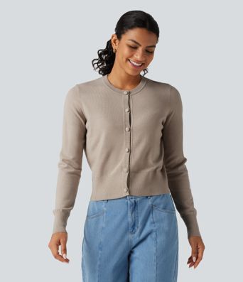 Round Neck Long Sleeve Button Fly Work Cardigan