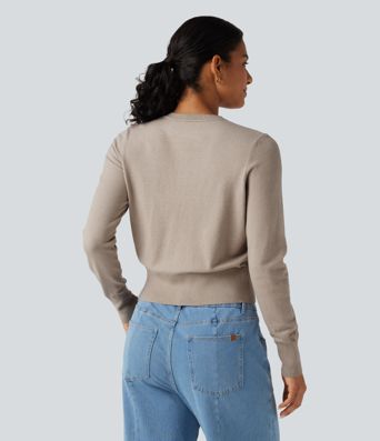 Round Neck Long Sleeve Button Fly Work Cardigan