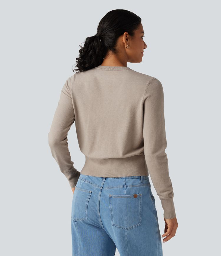 Round Neck Long Sleeve Button Fly Work Cardigan