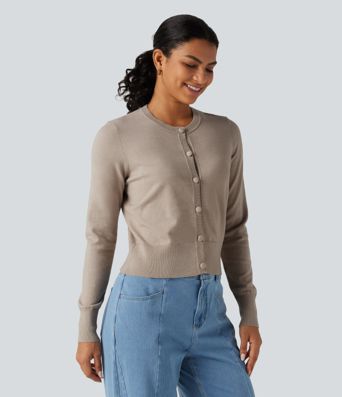 Round Neck Long Sleeve Button Fly Work Cardigan