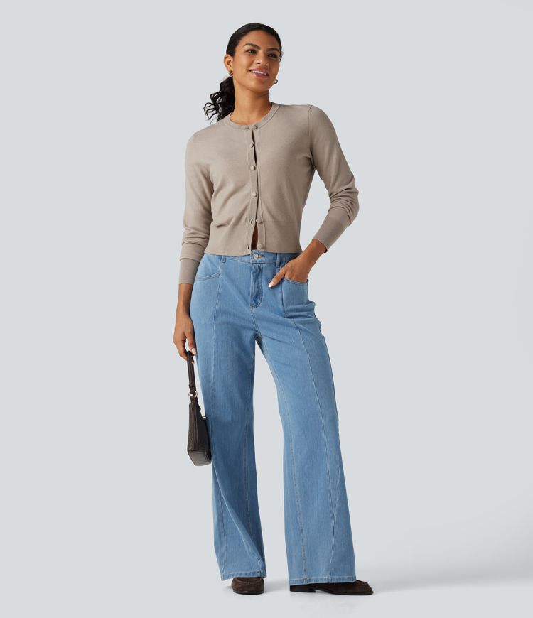 Round Neck Long Sleeve Button Fly Work Cardigan