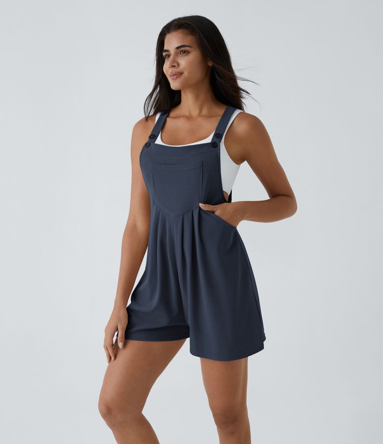 Pockets Waffle Casual Short Overalls