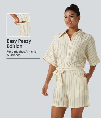 Mono casual a rayas con cuello, mangas murciélago, lazo y bolsillos - Easy Peezy