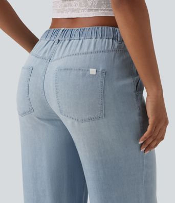 Mid Rise Drawstring Casual Baggy Jeans with Pockets Mid Rise Drawstring Casual Baggy Jeans with Pockets