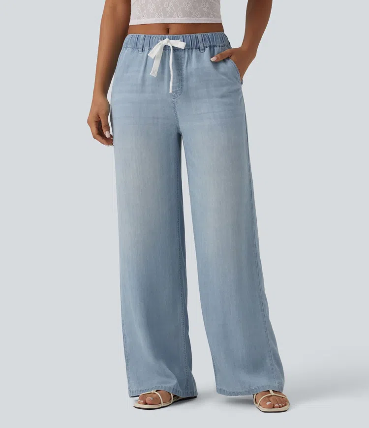 Mid Rise Drawstring Lightweight Summer Casual Baggy Jeans with Pockets