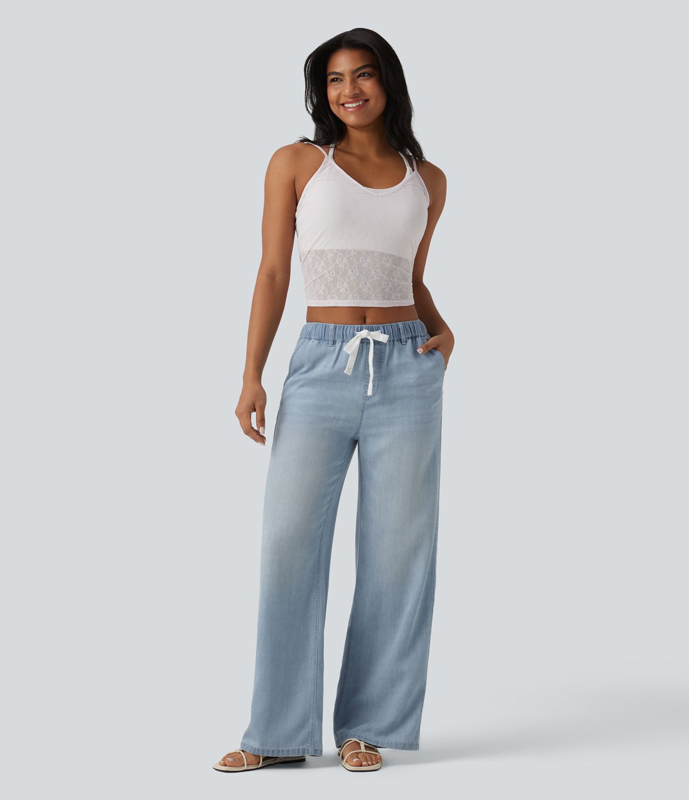 Mid Rise Drawstring Casual Baggy Jeans with Pockets Mid Rise Drawstring Casual Baggy Jeans with Pockets