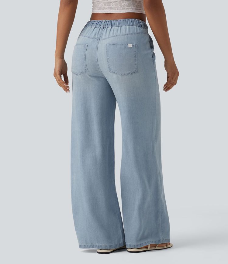 Mid Rise Drawstring Casual Baggy Jeans with Pockets Mid Rise Drawstring Casual Baggy Jeans with Pockets
