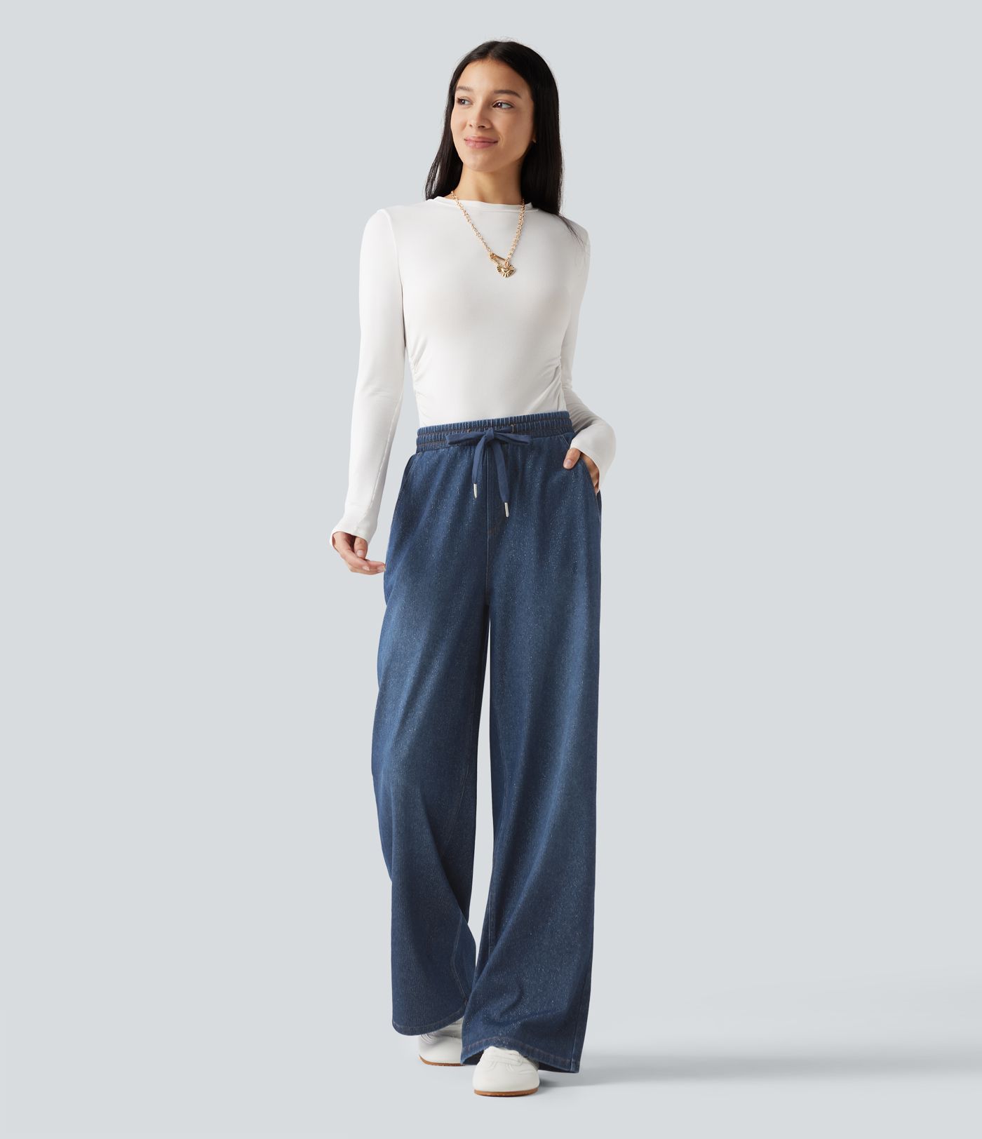 Halara Flex™ High Waisted Drawstring Wide Leg Silver Shine Casual Sweatpants Jeans with Pockets Halara Flex™ High Waisted Drawstring Wide Leg Silver Shine Casual Sweatpants Jeans with Pockets