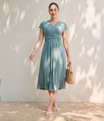 Breezeful™ V-Ausschnitt Kurzarm Midi-Freizeitkleid mit Tasche, Bindeband hinten, schnell trocknend