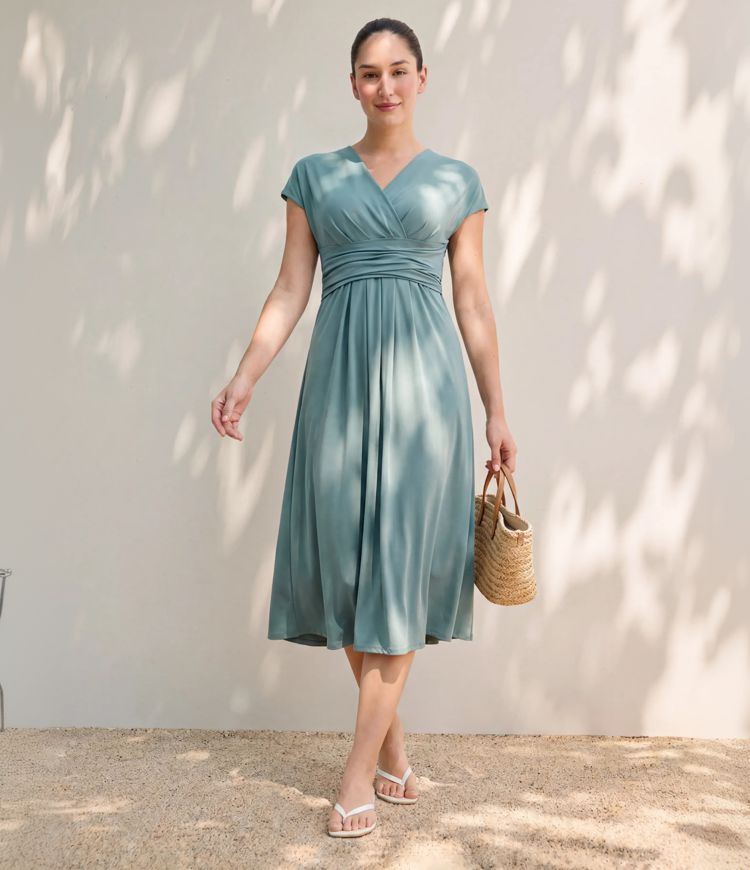 Breezeful™ V-Ausschnitt Kurzarm Midi-Freizeitkleid mit Tasche, Bindeband hinten, schnell trocknend